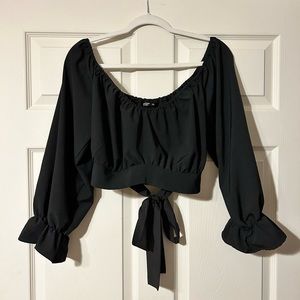 PLUS SIZE black bell sleeve long sleeve crop top with tie in back